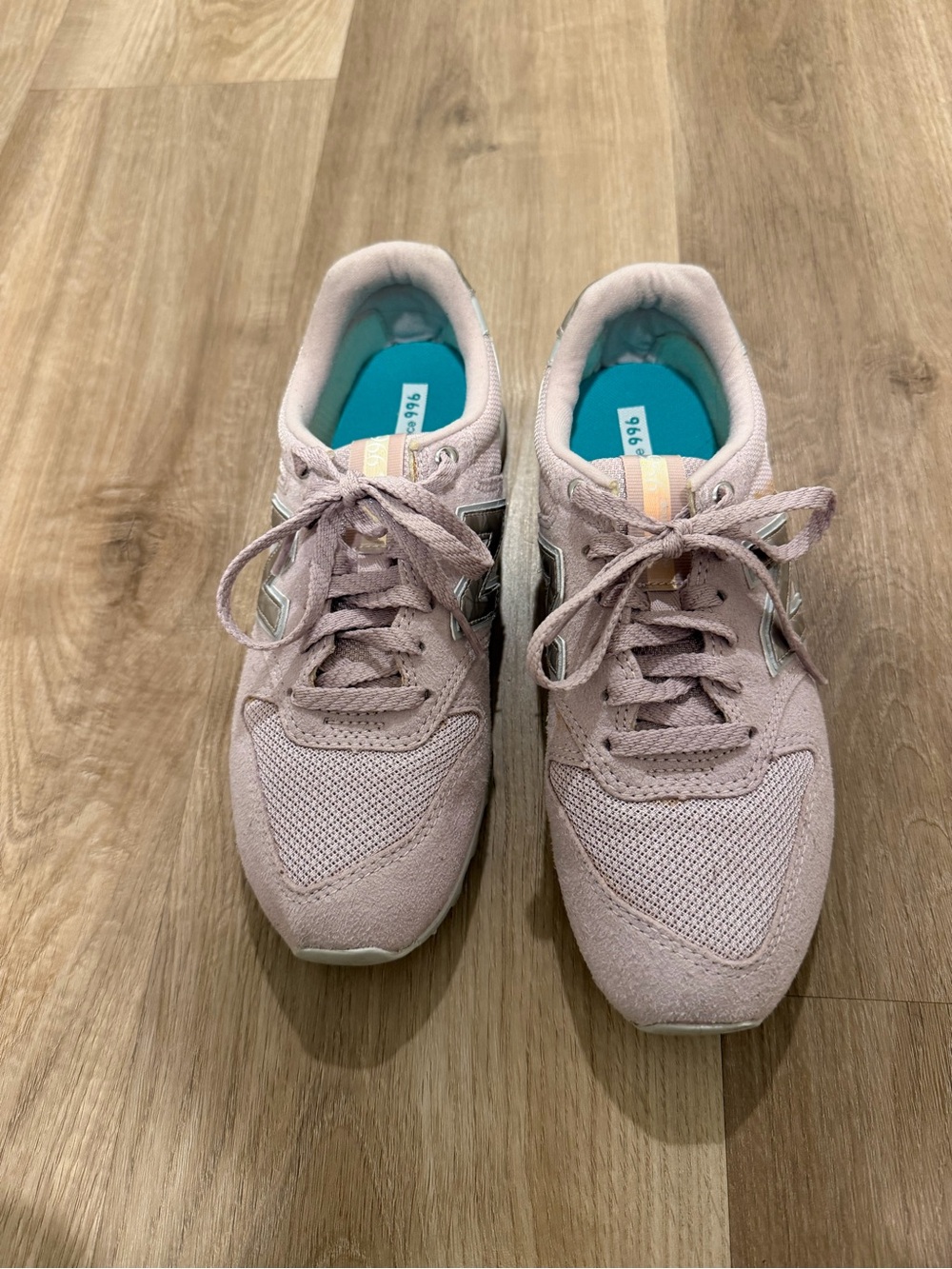 New Balance Womenโs Pale Pink Suede & Mesh Sneakers